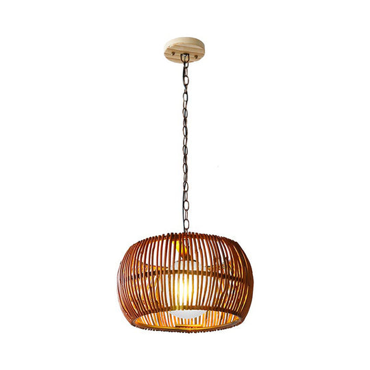 Retro Red Brown Drum Hanging Lamp With Opal Glass Shade