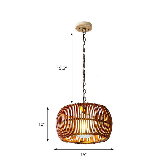 Retro Red Brown Drum Hanging Lamp With Opal Glass Shade