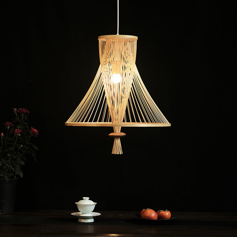 Retro Bamboo Cone Pendant Light Kit - Wood Suspension Lamp For Guesthouse