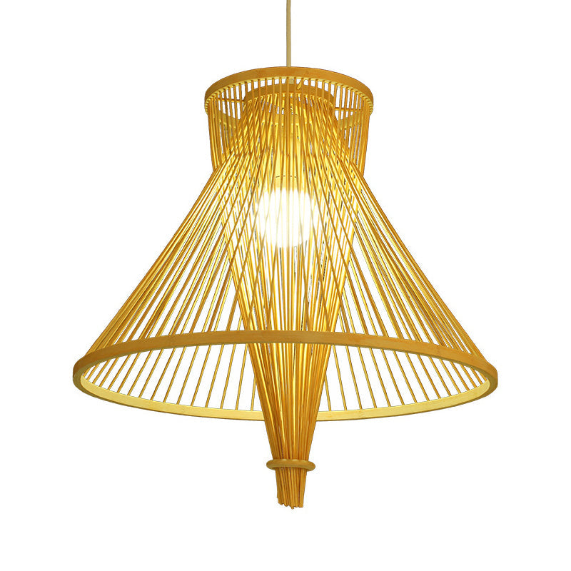 Retro Bamboo Cone Pendant Light Kit - Wood Suspension Lamp For Guesthouse