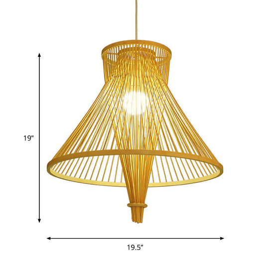 Retro Bamboo Cone Pendant Light Kit - Wood Suspension Lamp For Guesthouse