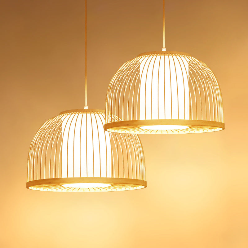 Modern Bamboo Dome Pendant Lamp With Inner Fabric Shade - Wood Ceiling Light 1 Bulb 14/16 Wide