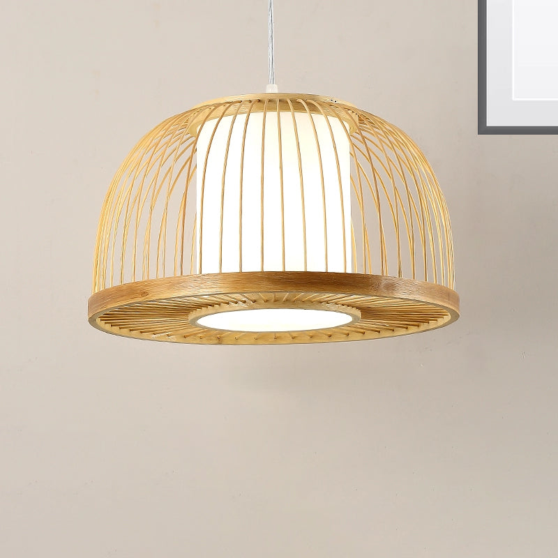 Modern Bamboo Dome Pendant Lamp With Inner Fabric Shade - Wood Ceiling Light 1 Bulb 14/16 Wide