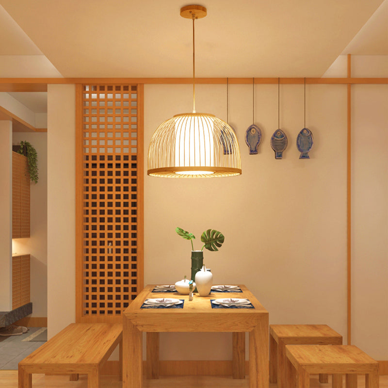 Modern Bamboo Dome Pendant Lamp With Inner Fabric Shade - Wood Ceiling Light 1 Bulb 14/16 Wide