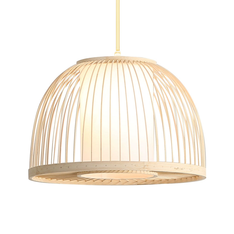 Modern Bamboo Dome Pendant Lamp With Inner Fabric Shade - Wood Ceiling Light 1 Bulb 14/16 Wide