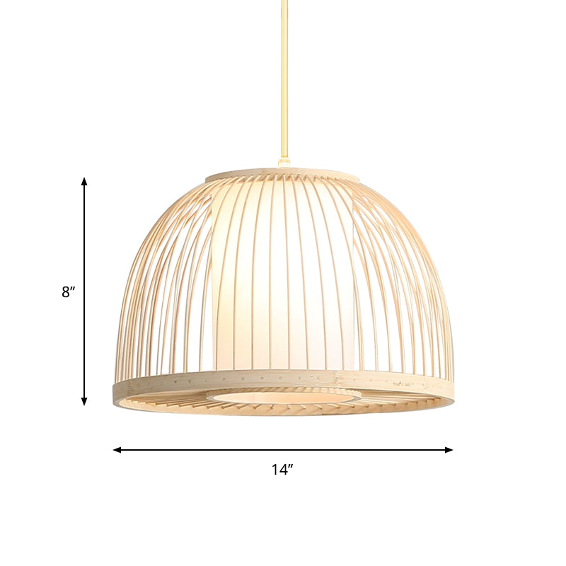 Modern Bamboo Dome Pendant Lamp With Inner Fabric Shade - Wood Ceiling Light 1 Bulb 14/16 Wide