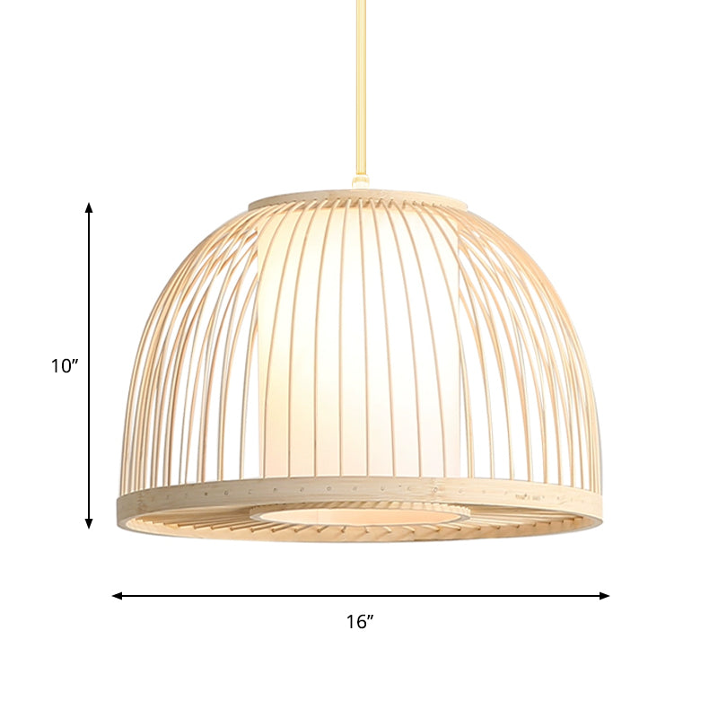 Modern Bamboo Dome Pendant Lamp With Inner Fabric Shade - Wood Ceiling Light 1 Bulb 14/16 Wide