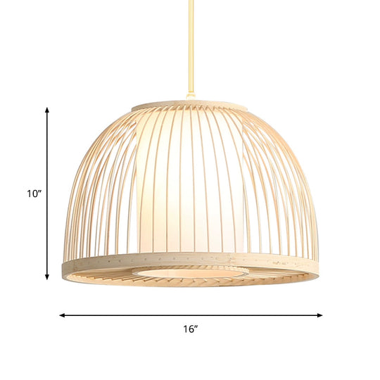 Modern Bamboo Dome Pendant Lamp With Inner Fabric Shade - Wood Ceiling Light 1 Bulb 14/16 Wide