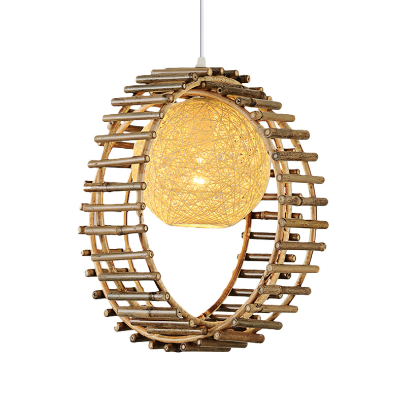 Contemporary Bamboo Circular Pendant Light - 1 Head Beige Ceiling Suspension