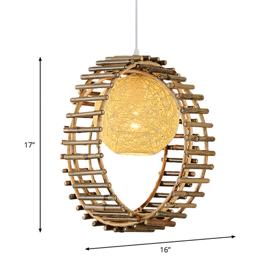 Contemporary Bamboo Circular Pendant Light - 1 Head Beige Ceiling Suspension