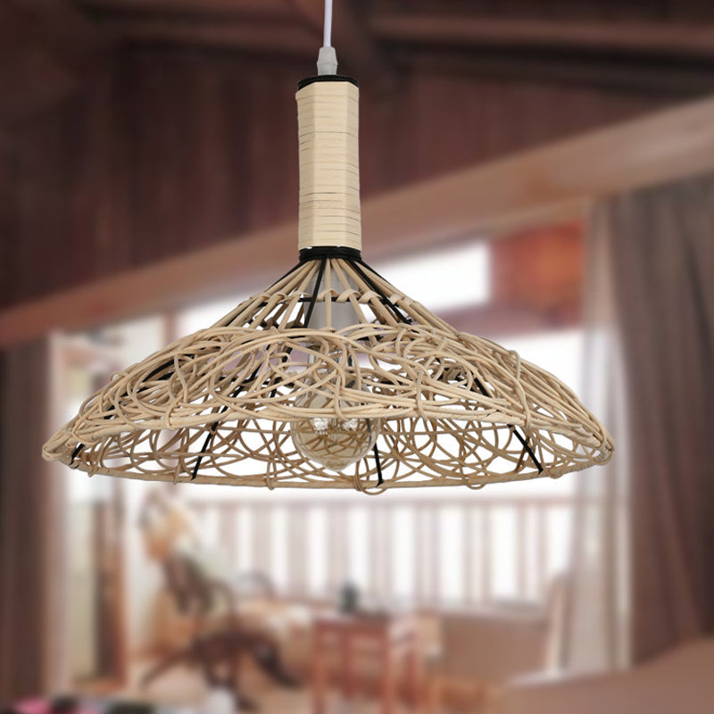 Asian Rattan Cone Ceiling Light - Stylish Wood Pendant Fixture For Living Room