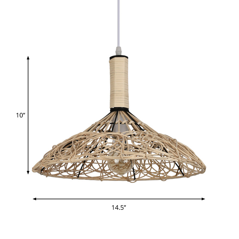 Asian Rattan Cone Ceiling Light - Stylish Wood Pendant Fixture For Living Room