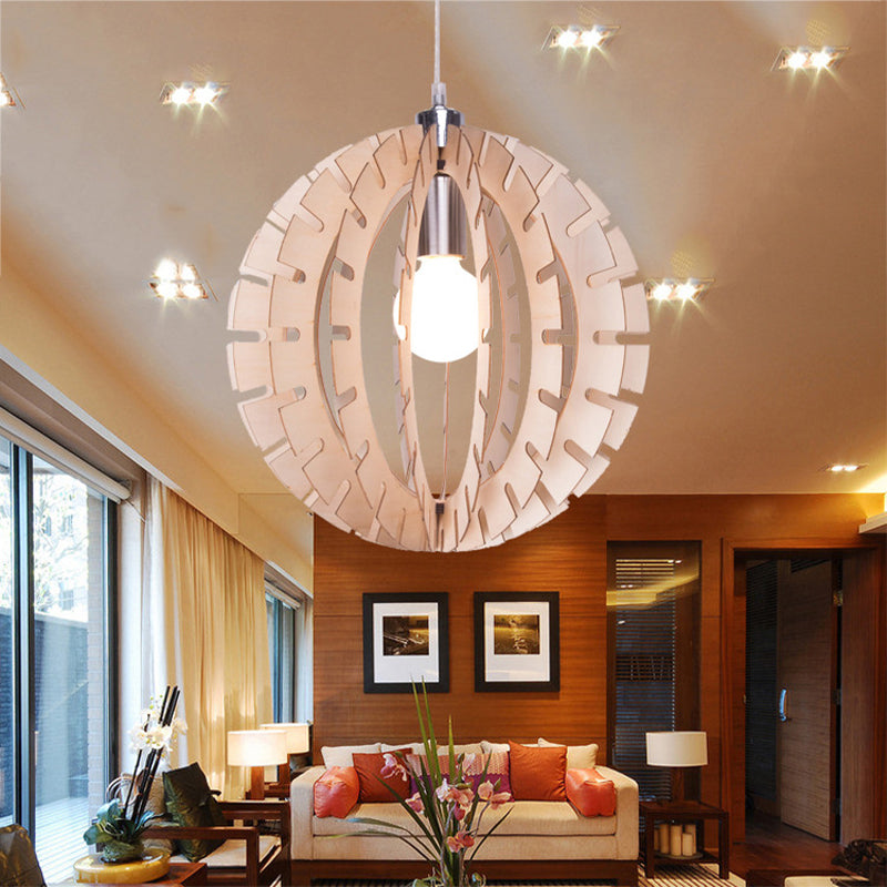 Contemporary Wood Globe Pendant Light - Beige Hanging Fixture With 1 Bulb