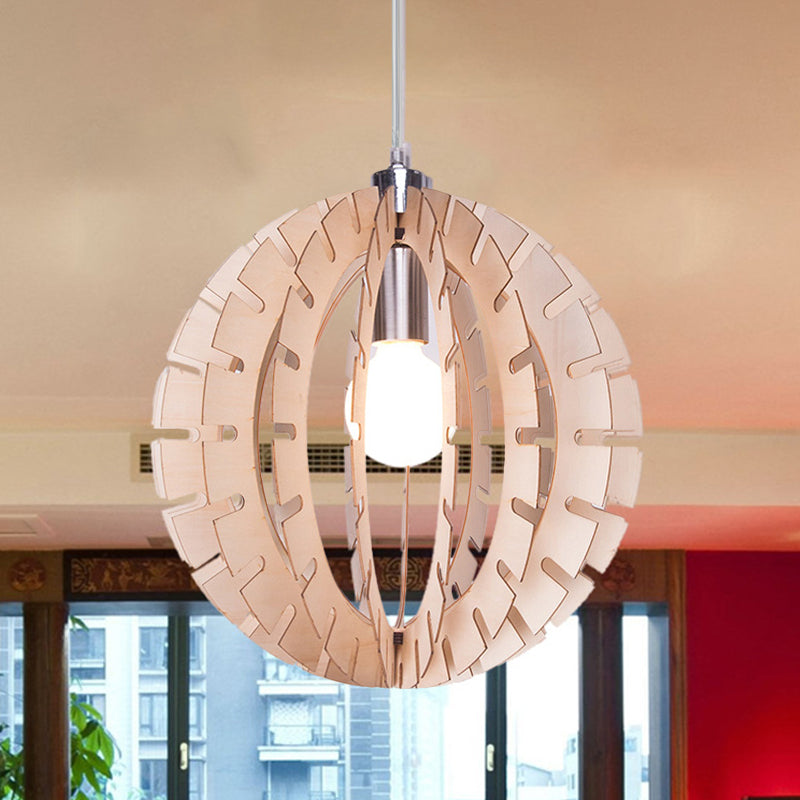 Contemporary Wood Globe Pendant Light - Beige Hanging Fixture With 1 Bulb