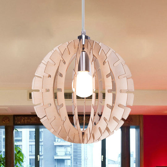 Contemporary Wood Globe Pendant Light - Beige Hanging Fixture With 1 Bulb