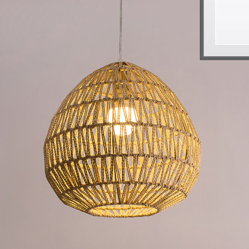 Rattan Wood Pendant Light Kit - Oval/Lantern Style Bulb Hanging Lamp For Restaurants