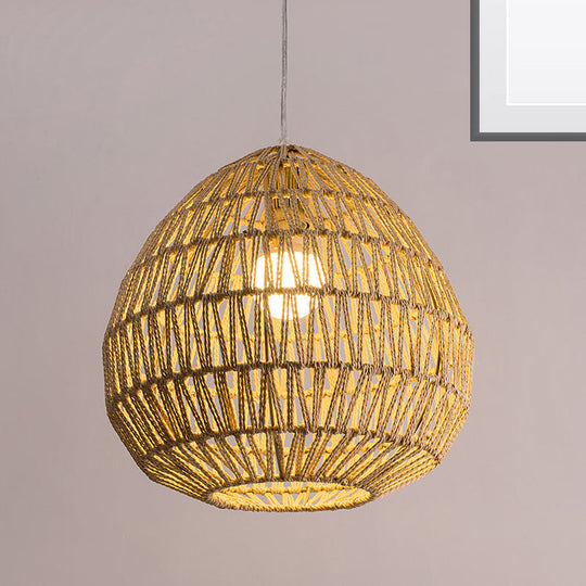 Rattan Wood Pendant Light Kit - Oval/Lantern Style Bulb Hanging Lamp For Restaurants