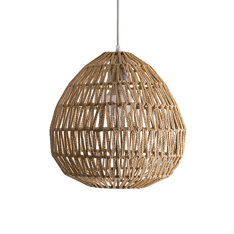 Rattan Wood Pendant Light Kit - Oval/Lantern Style Bulb Hanging Lamp For Restaurants