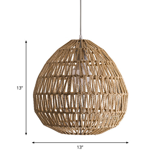 Rattan Wood Pendant Light Kit - Oval/Lantern Style Bulb Hanging Lamp For Restaurants