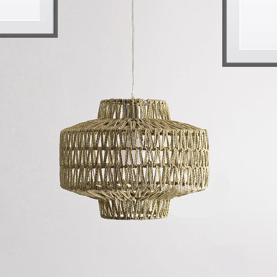 Rattan Wood Pendant Light Kit - Oval/Lantern Style Bulb Hanging Lamp For Restaurants