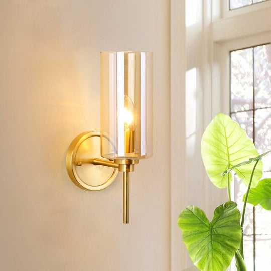 Classic Brass Cylinder Wall Mount Light With Clear Glass - Single Bulb Lighting Fixture