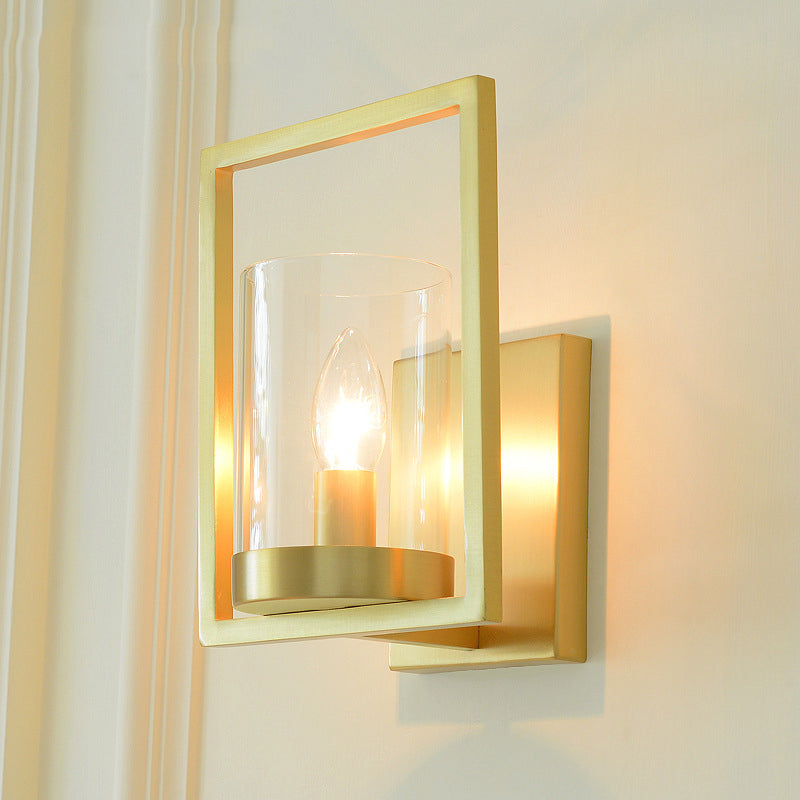 Colonial Brass Cylinder Sconce Light With Clear Glass For Living Room