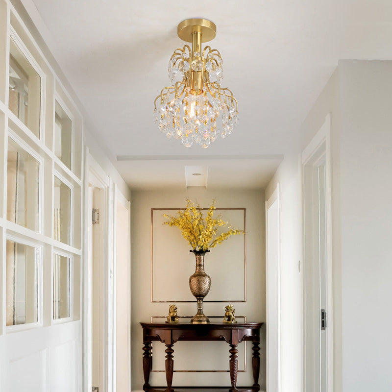 Contemporary Semi Flush Ceiling Light - Brass Finish Geometric Design with Metal and Crystal Accents