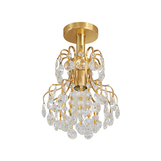 Contemporary Semi Flush Ceiling Light - Brass Finish Geometric Design With Metal And Crystal Accents