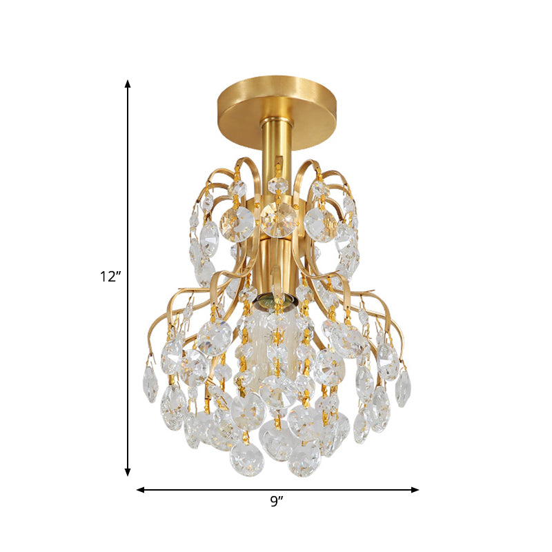 Contemporary Semi Flush Ceiling Light - Brass Finish Geometric Design With Metal And Crystal Accents