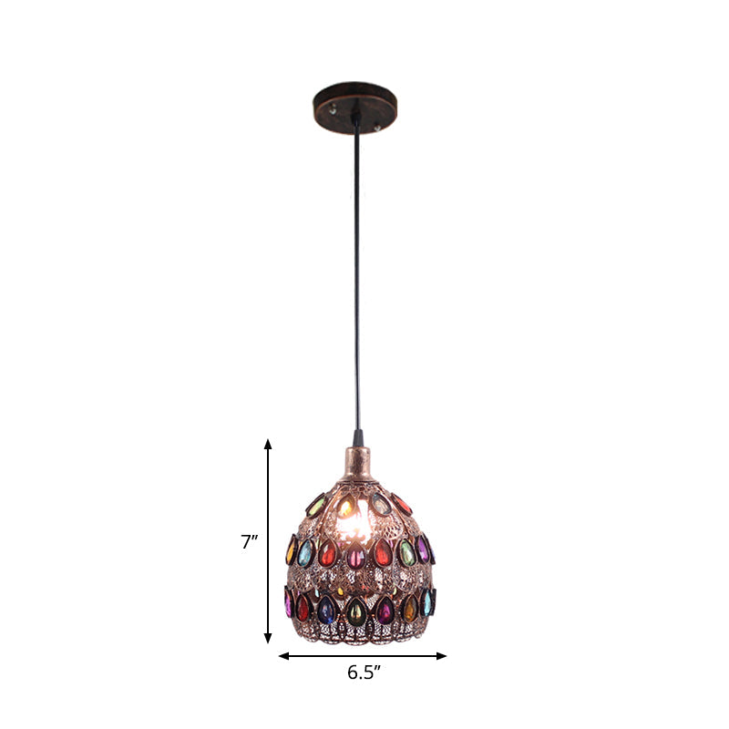 Dome Pendant Ceiling Fixture With Crystal Gem Bohemia Hanging Light In Weathered Copper 1/3-Light