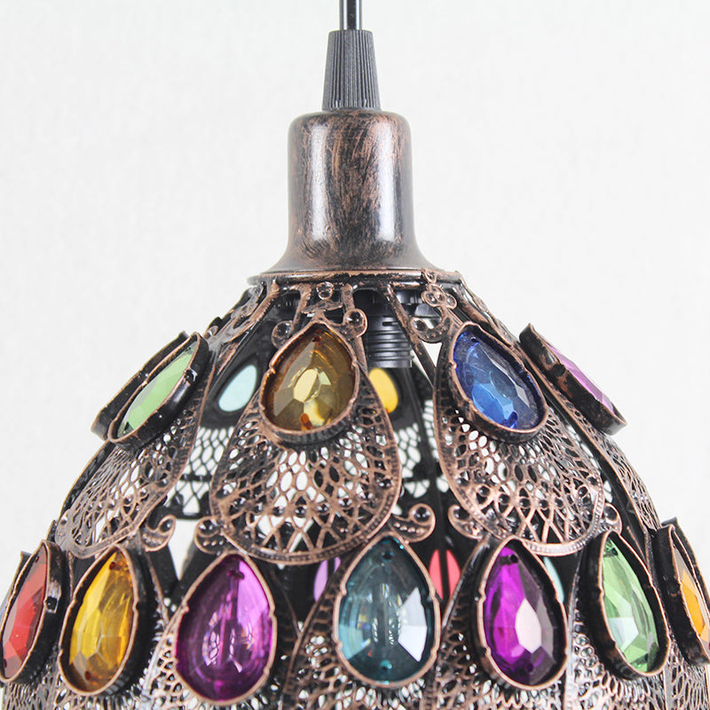 Dome Pendant Ceiling Fixture With Crystal Gem Bohemia Hanging Light In Weathered Copper 1/3-Light