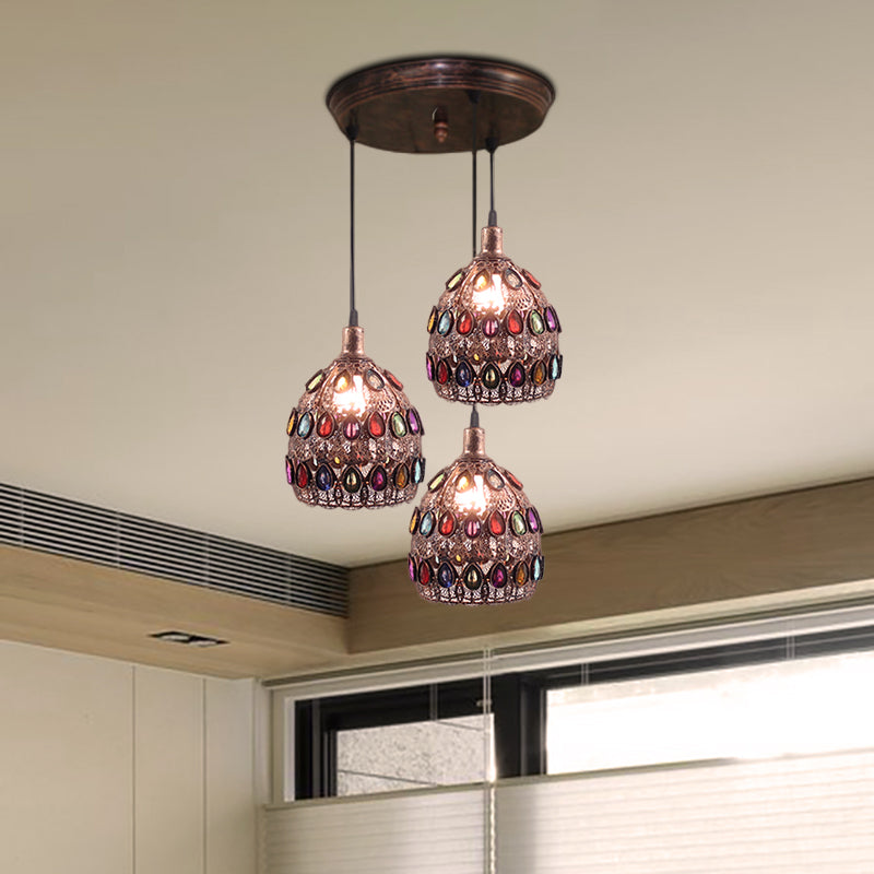 Dome Pendant Ceiling Fixture With Crystal Gem Bohemia Hanging Light In Weathered Copper 1/3-Light