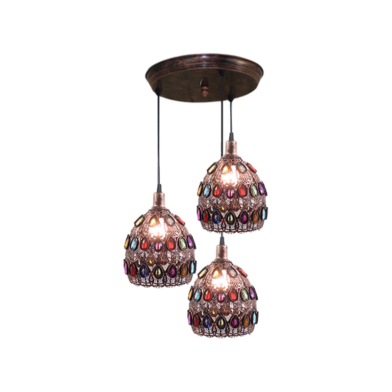 Dome Pendant Ceiling Fixture With Crystal Gem Bohemia Hanging Light In Weathered Copper 1/3-Light