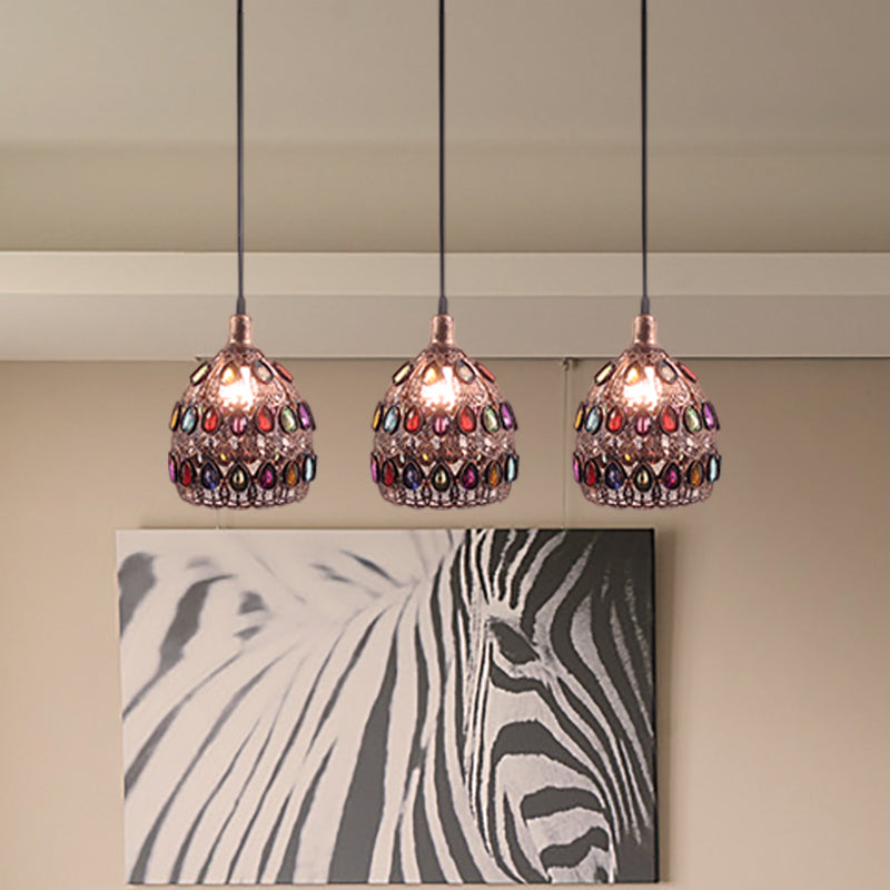 Dome Pendant Ceiling Fixture With Crystal Gem Bohemia Hanging Light In Weathered Copper 1/3-Light