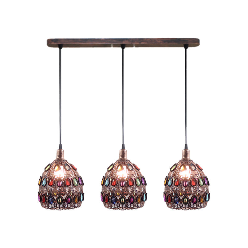 Dome Pendant Ceiling Fixture With Crystal Gem Bohemia Hanging Light In Weathered Copper 1/3-Light