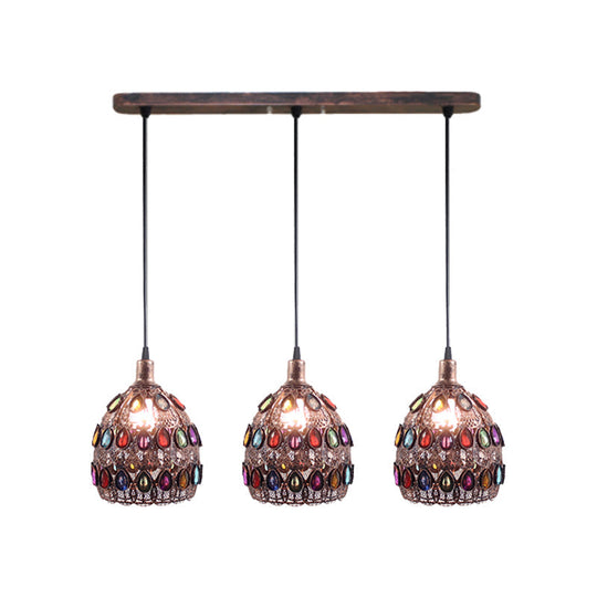 Dome Pendant Ceiling Fixture With Crystal Gem Bohemia Hanging Light In Weathered Copper 1/3-Light