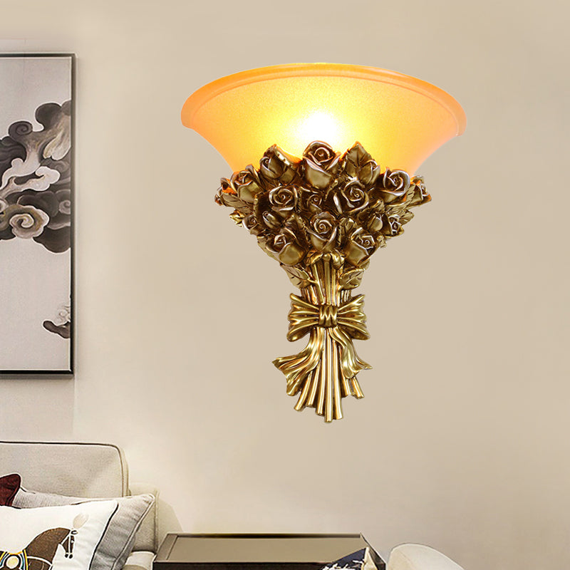 Retro Gold Finish Resin Flush Wall Sconce - Single Light Rose Bouquet Lamp Kit