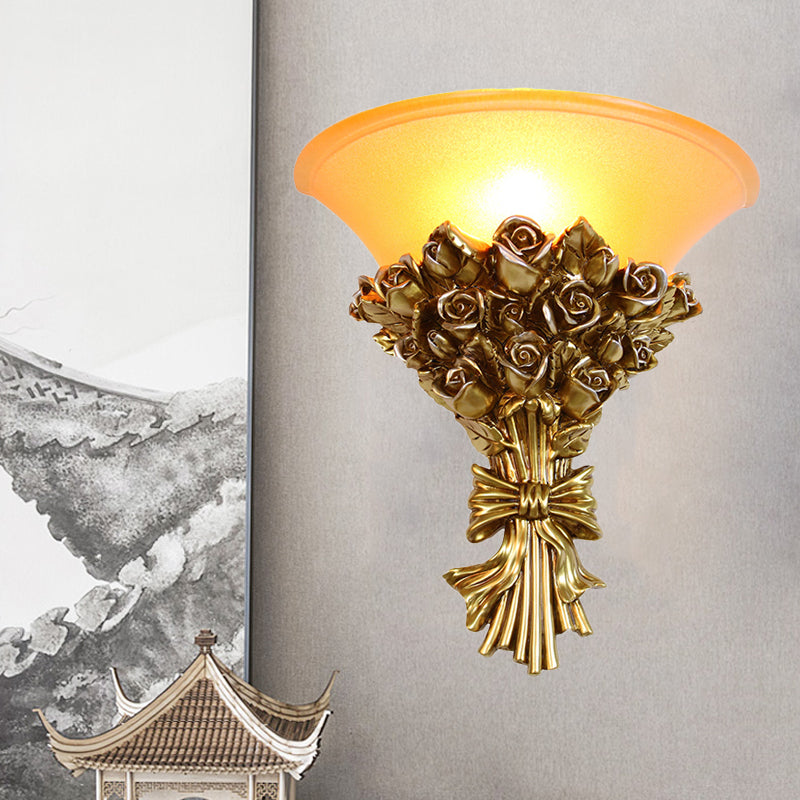 Retro Gold Finish Resin Flush Wall Sconce - Single Light Rose Bouquet Lamp Kit