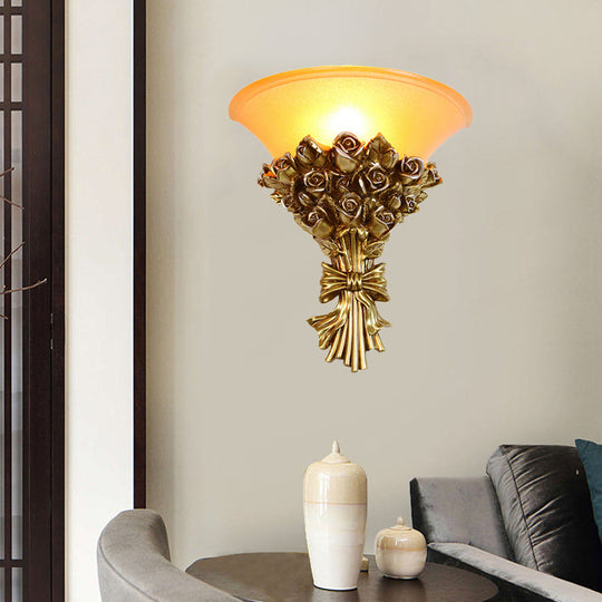 Retro Gold Finish Resin Flush Wall Sconce - Single Light Rose Bouquet Lamp Kit