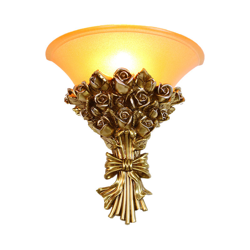 Retro Gold Finish Resin Flush Wall Sconce - Single Light Rose Bouquet Lamp Kit