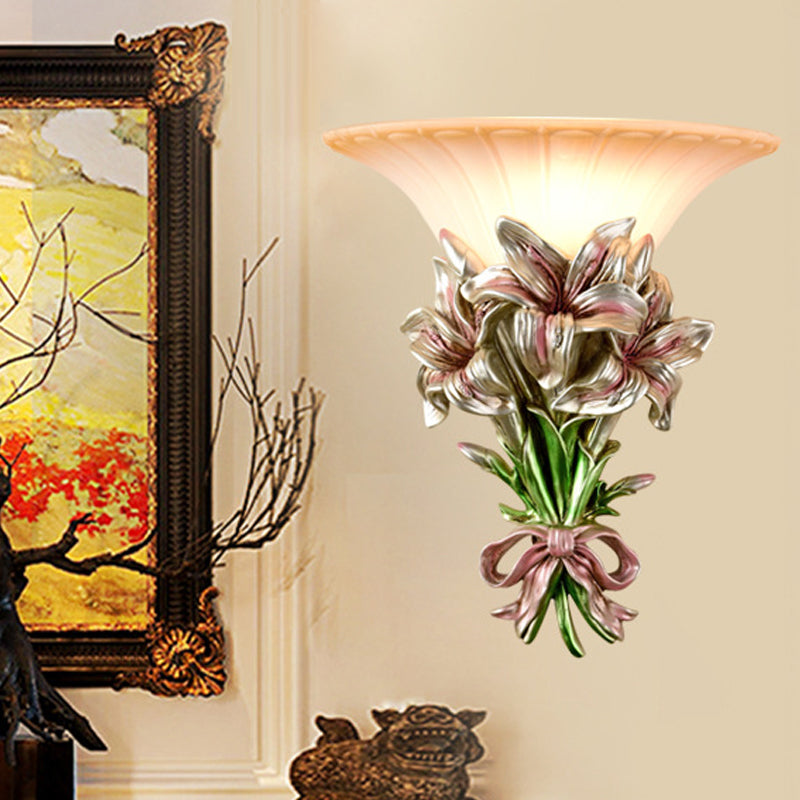 Retro Resin Floral Wall Mounted Lamp - Pink/Gold Design With Trumpet Glass Shade