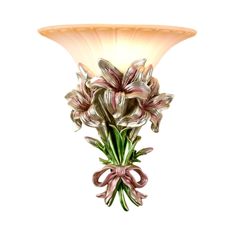 Retro Resin Floral Wall Mounted Lamp - Pink/Gold Design With Trumpet Glass Shade