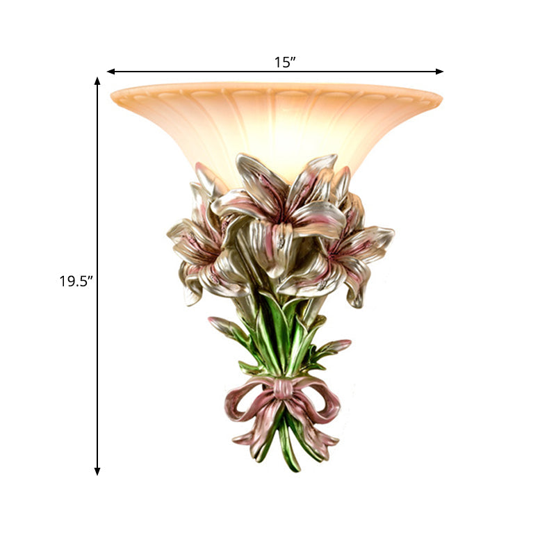 Retro Resin Floral Wall Mounted Lamp - Pink/Gold Design With Trumpet Glass Shade