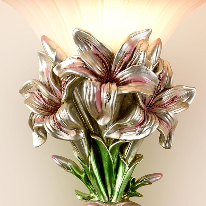 Retro Resin Floral Wall Mounted Lamp - Pink/Gold Design With Trumpet Glass Shade