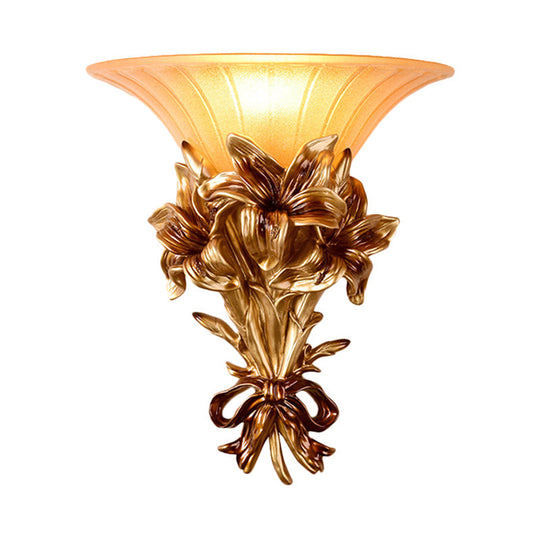 Retro Resin Floral Wall Mounted Lamp - Pink/Gold Design With Trumpet Glass Shade