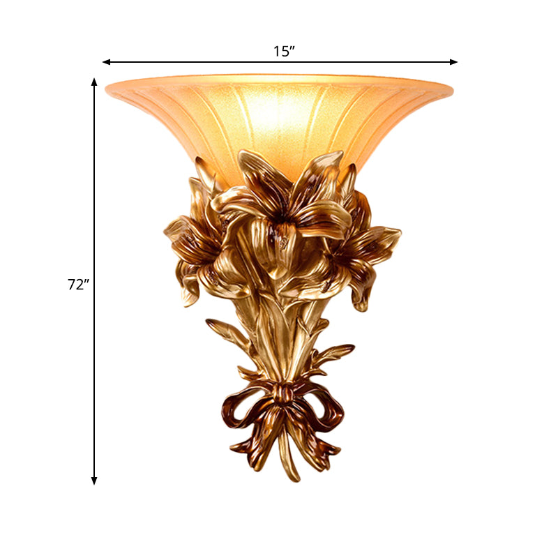 Retro Resin Floral Wall Mounted Lamp - Pink/Gold Design With Trumpet Glass Shade