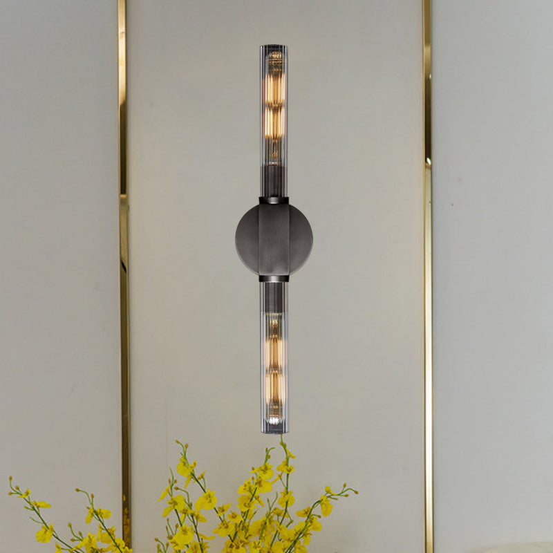 Metallic Black/Brass Tubular Sconce With Clear Glass Shade - Retro Style Wall Lamp (2-Head) Black