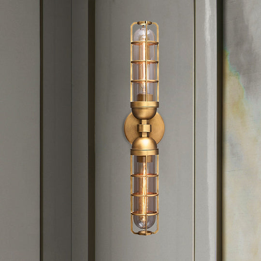 Vintage Dual Cylinder Wall Sconce With Clear Glass And Gold Metal Frame - 2 Bulbs Lighting