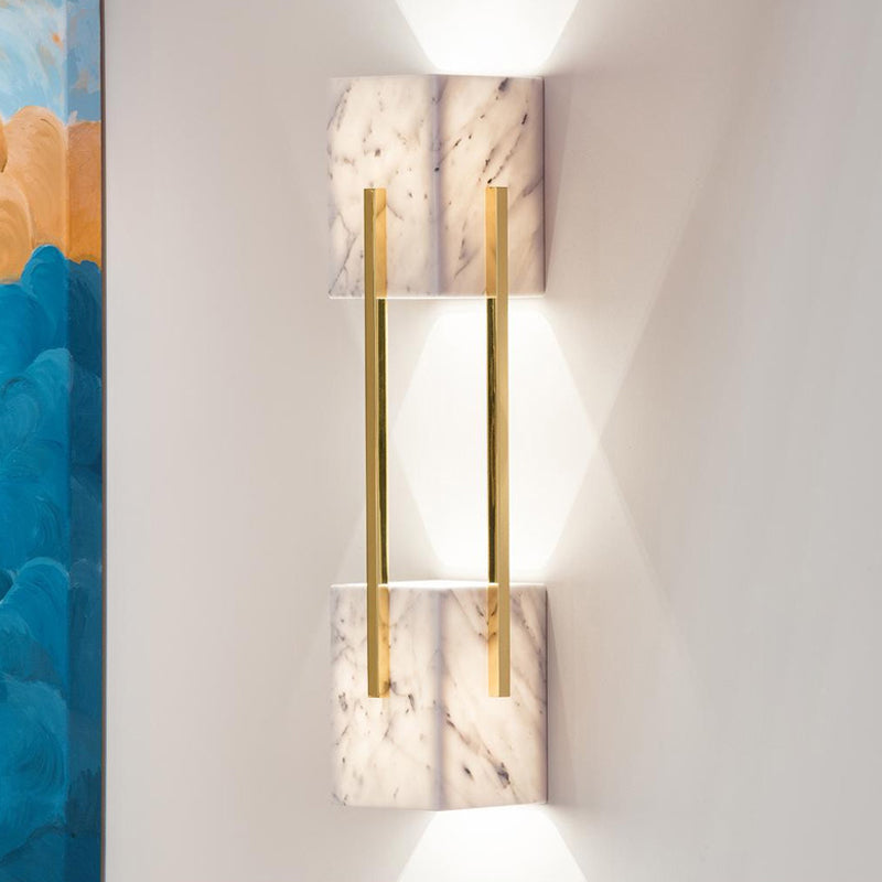 Modern Grey Marble-Like 5-Light Double Cuboid Wall Sconce With Gold Metal Bar