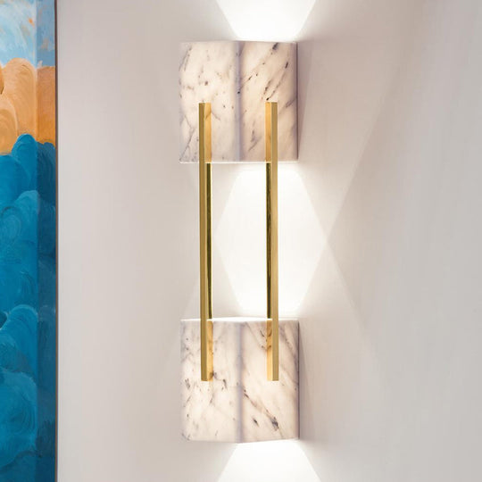 Modern Grey Marble-Like 5-Light Double Cuboid Wall Sconce With Gold Metal Bar